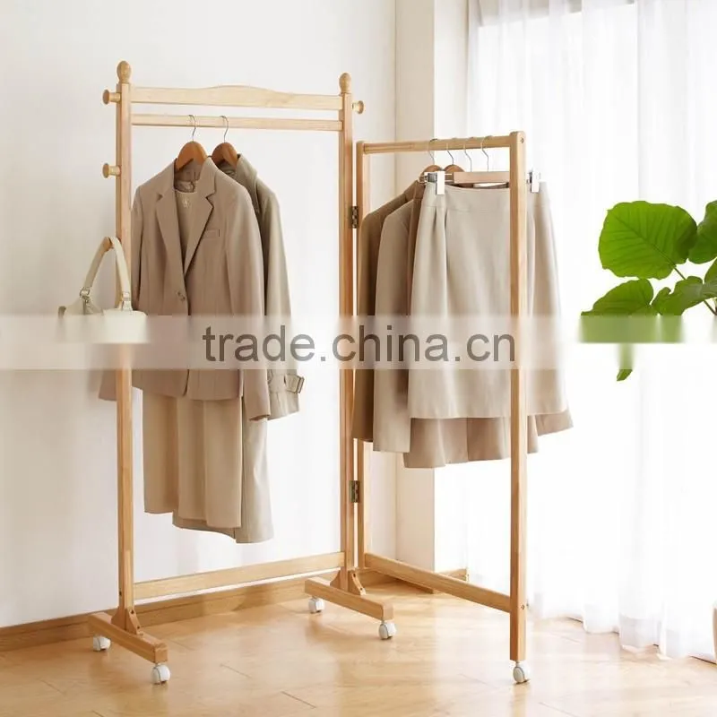 wooden clothe rack with Omni-directional wheel wooden coat hanger