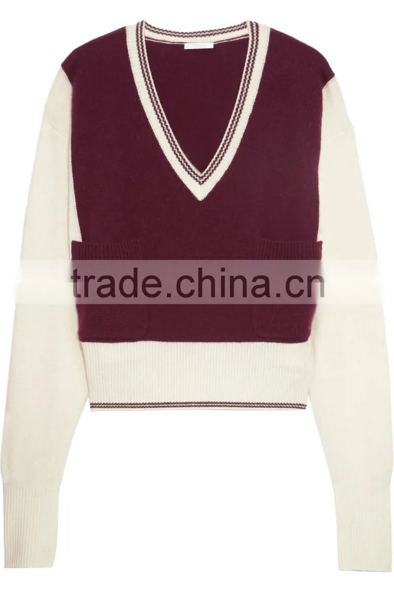 V-Neck Burgandy and Ivory Color Combination Women's Cashmere Sweater in Raglan Sleeves Design