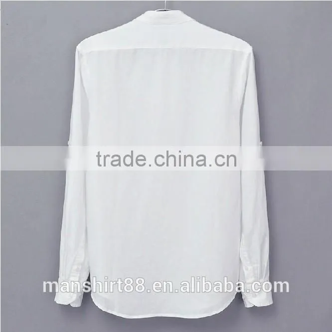 rolled sleeve mandarin collar hemp linen shirt for men
