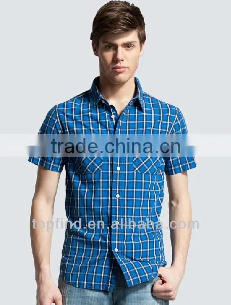 Short Sleeve Cotton Plaids Double Pockets Men Shirts
