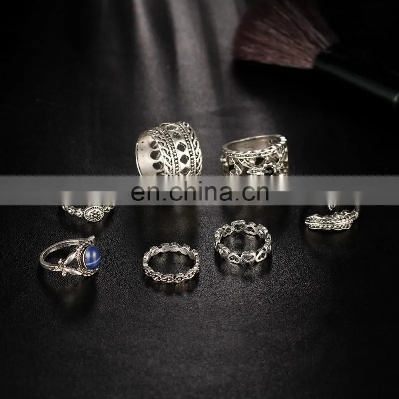 7pcs/set Retro Carved Gemstone Bohemian Gem Finger Knuckle Ring