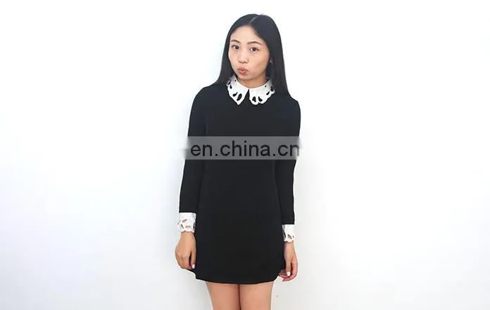 China Alibaba Wholesale OEM Washable Long Sleeve hollow lapel black dress