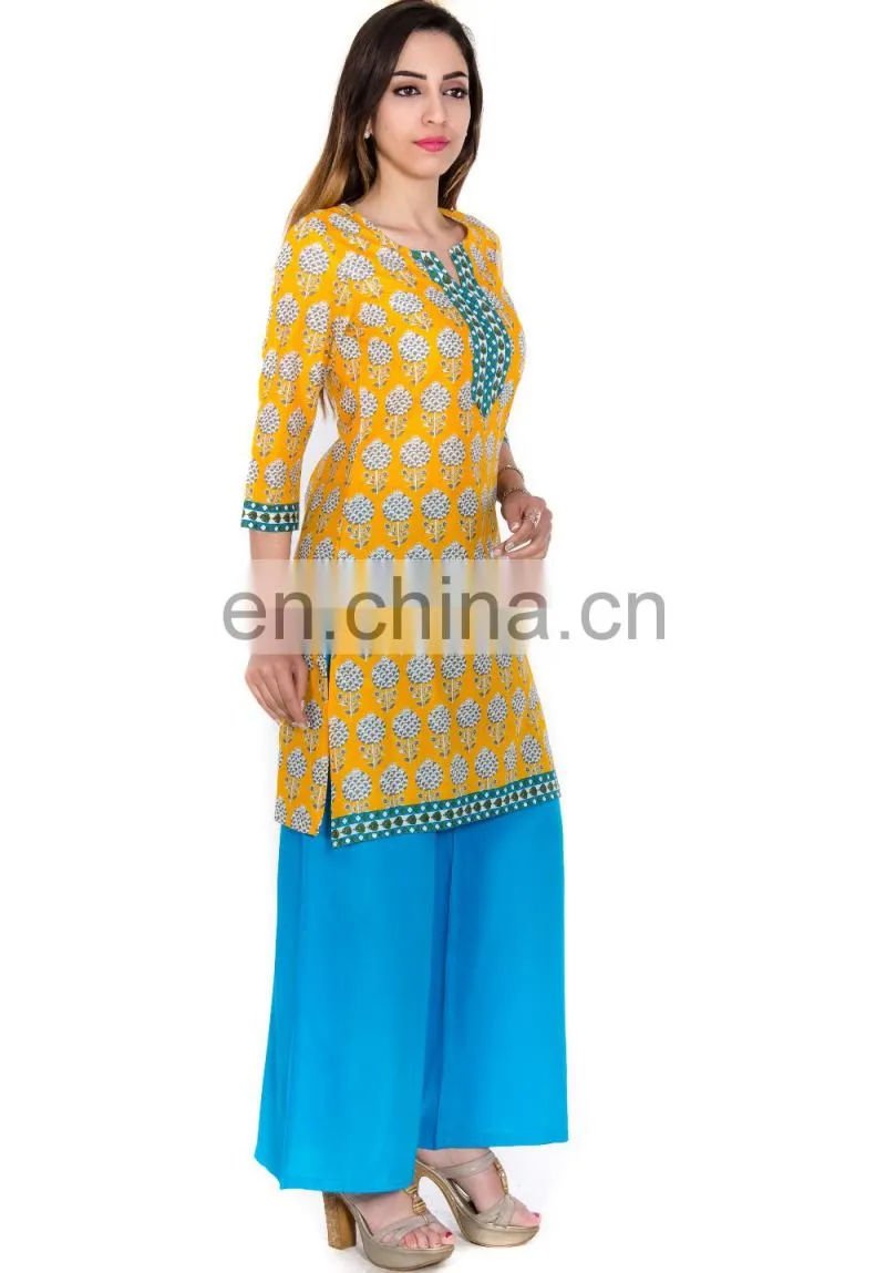 Premium quality fabric Yellow color Leaf print casual kurti for woman