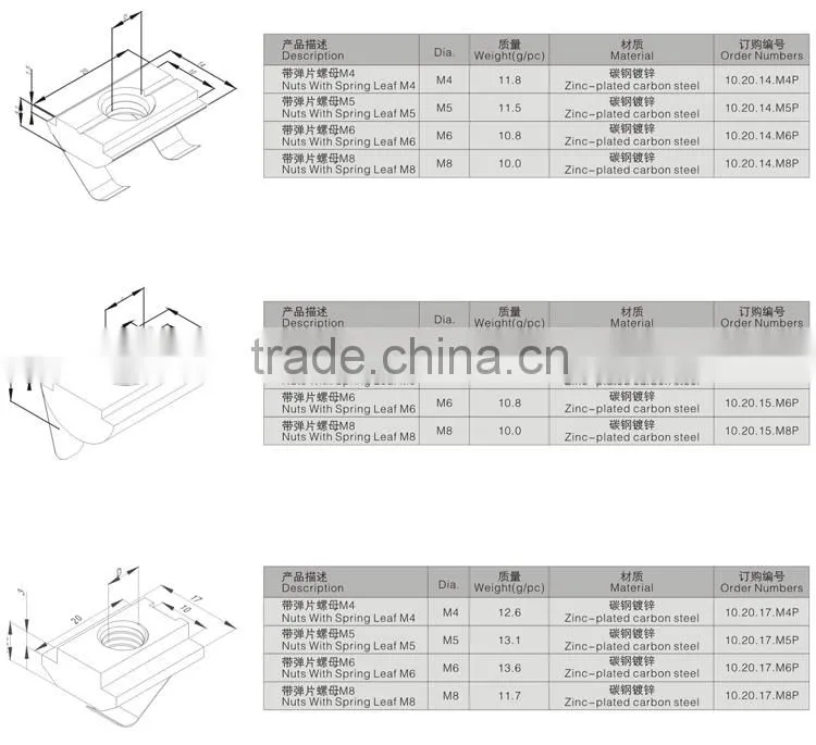 M4 Roll-in T Slot Nut with Spring Leaf Elastic Nut for 40 serie Aluminum Profile Slot 8