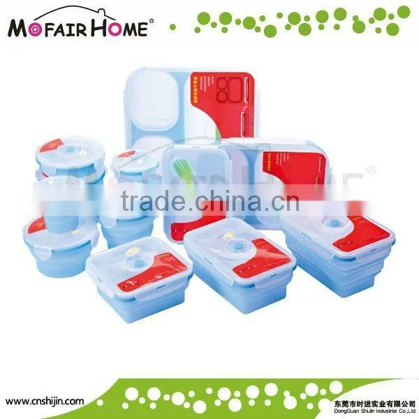 Round foldable silicone lunch boxes with lockable lids