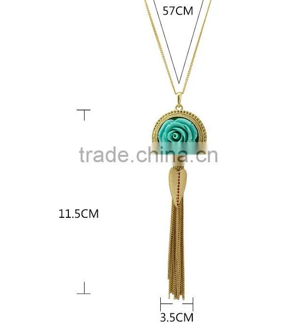 Red green black resin flower blossom pendant with alloy tassel necklace