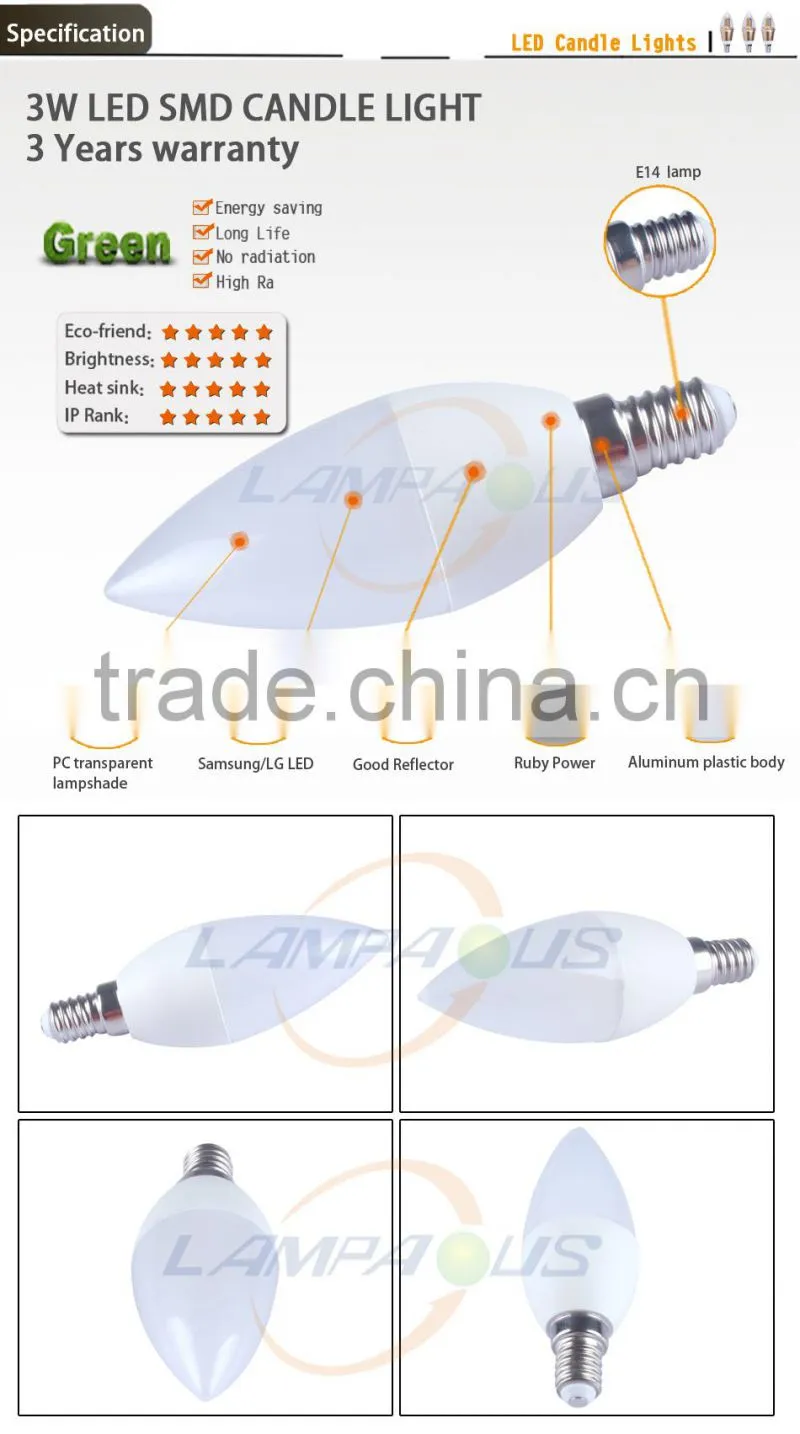 epistar chip at lowest price 3 years warranty Ra>80 high power C37 e14 led candle light bulb