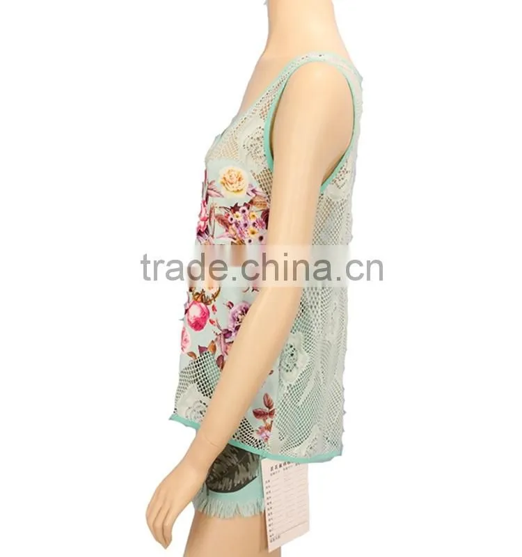 2015 Own design sleeveless sexy 95%Polyester 5%Spandex mesh front print women SUMMER tank top