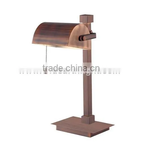 UL Listed Antique Brass Desktop Iron Lamp With Metal Drum Shade And Pull Chain Switch For Office Bank T80265