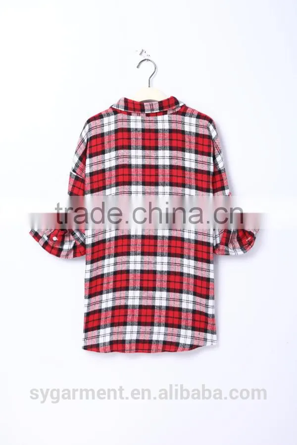 Women fashion long sleeve red plaid shirt