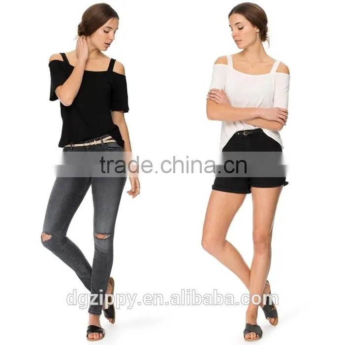Latest Scoop Neckline Apparel Design Women Srappy Cold Shoulder T-Shirt
