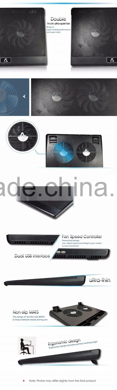 Alseye HA01 manufacturer Ares 14 "15.6" 17 " two fans laptop cooling pad