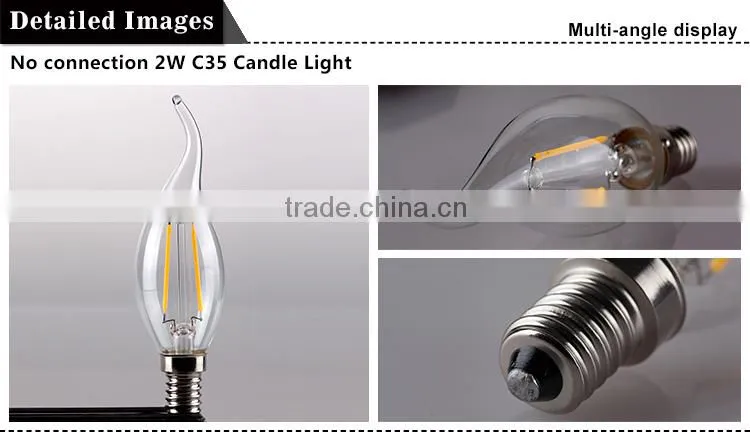 High luminous efficiency 100w/lm COB led filament bulbs C35 candle light with CE ROHS certificate