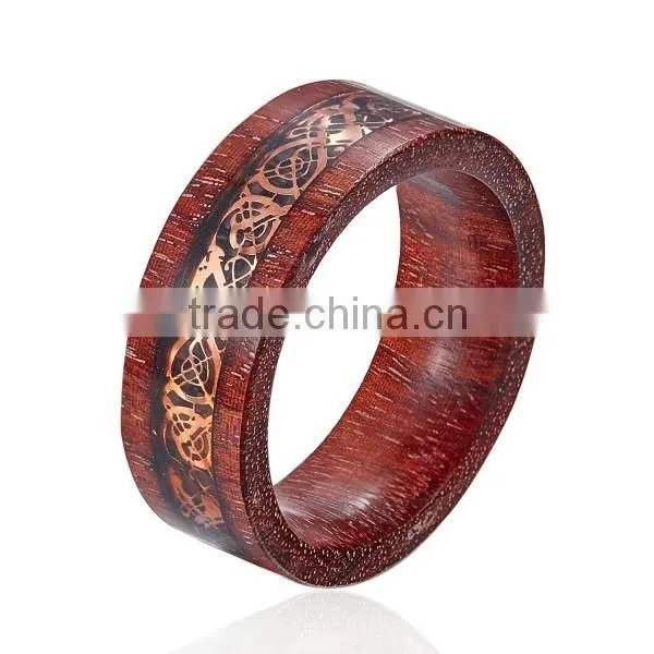 Natural Red Wooden Ring with Metal Piece Inlay