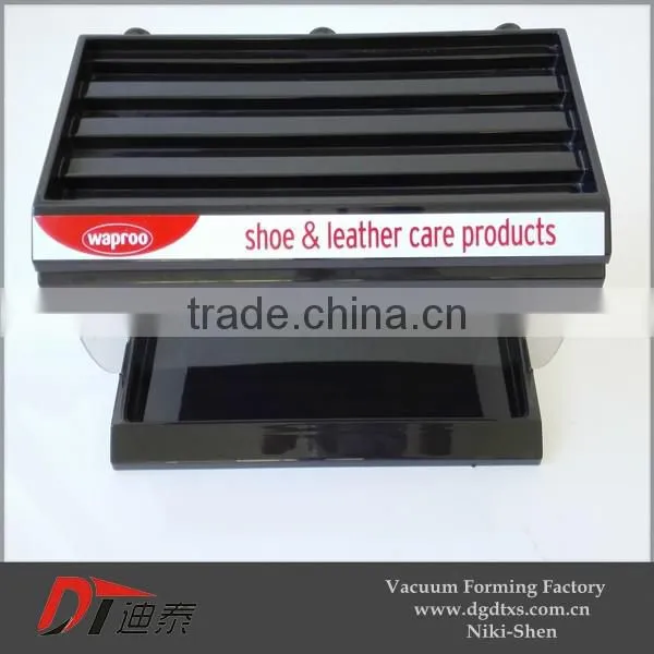 OEM designed plastic shoe & leather care product display rack by vacuum forming