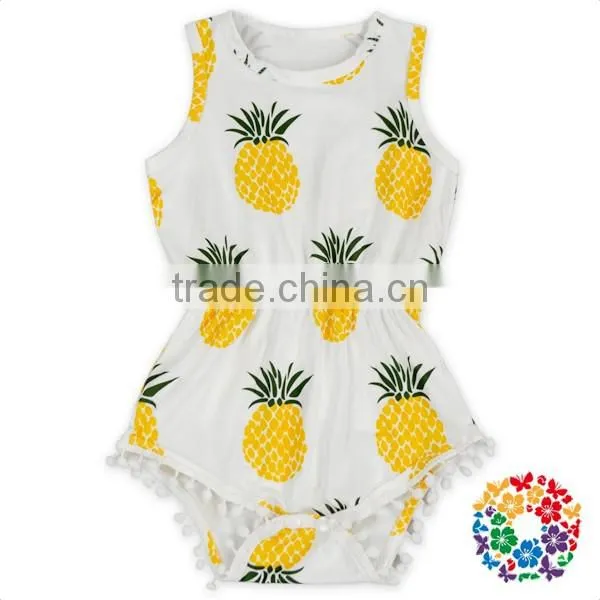 wholesale new born clothes pineapple prints elastic waist sleeveless pom pom baby girls rompers