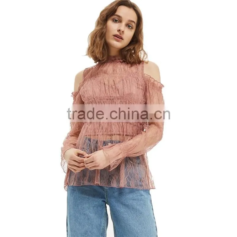 2017 OEM Spring Romantic Pink Lace Frill Strapless Women's Blouses