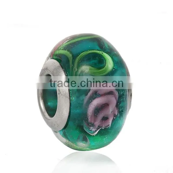 Lampwork Glass European Style Large Hole Beads Round Green Transparent Pink Flower With 304 Stainless Steel Silver Tone Core