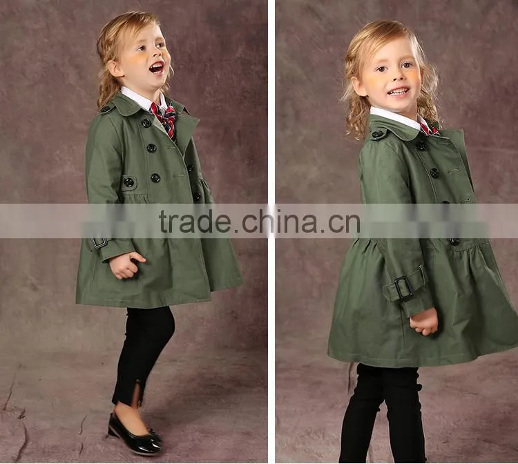 Latest fashion firls clothing double buckle long sleeve girls trench coat