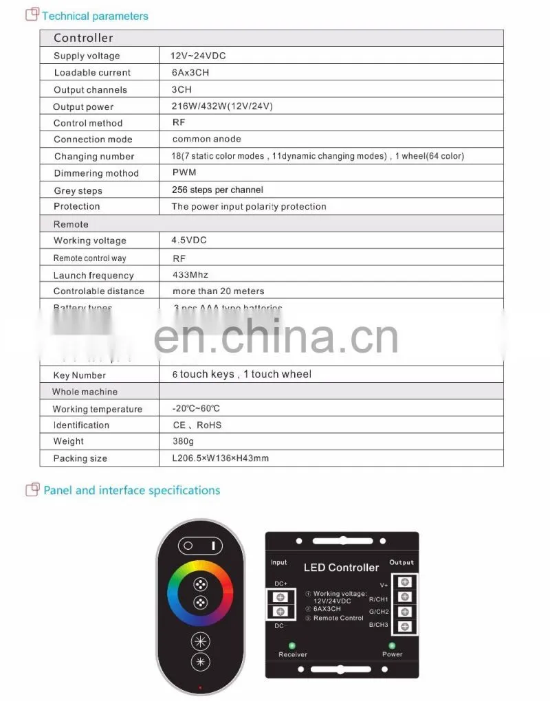 Alibaba RF touch panel remote 3 channels 3ch RGB led controller