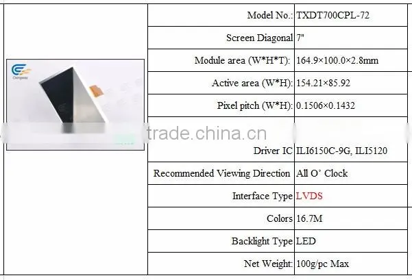 7 inch 30 CHOP-white LED, ILI5120, full viewing angle, sunlight readable, IPS LCD module