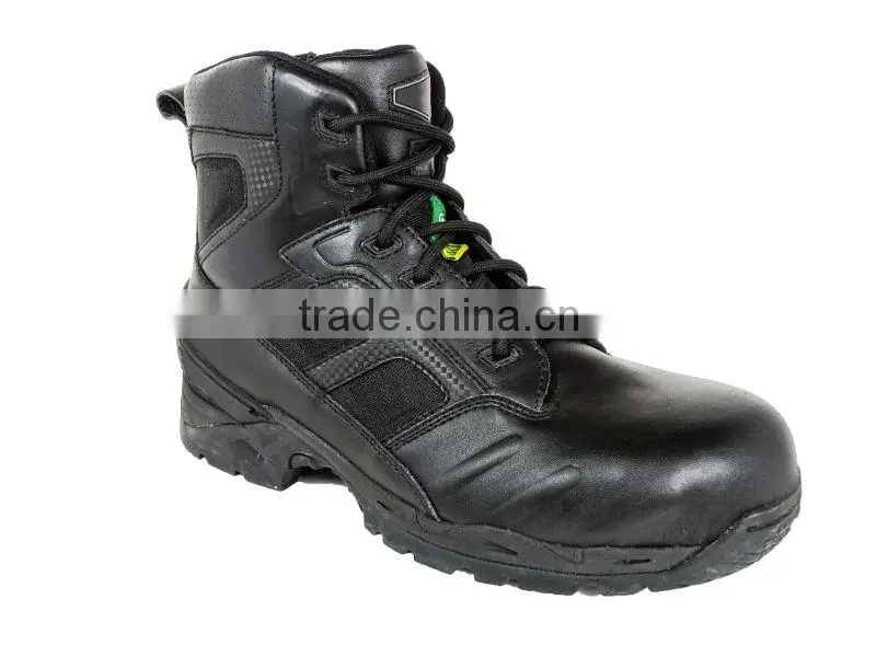 6 Inches black leather steel toe cap military boots with zipper