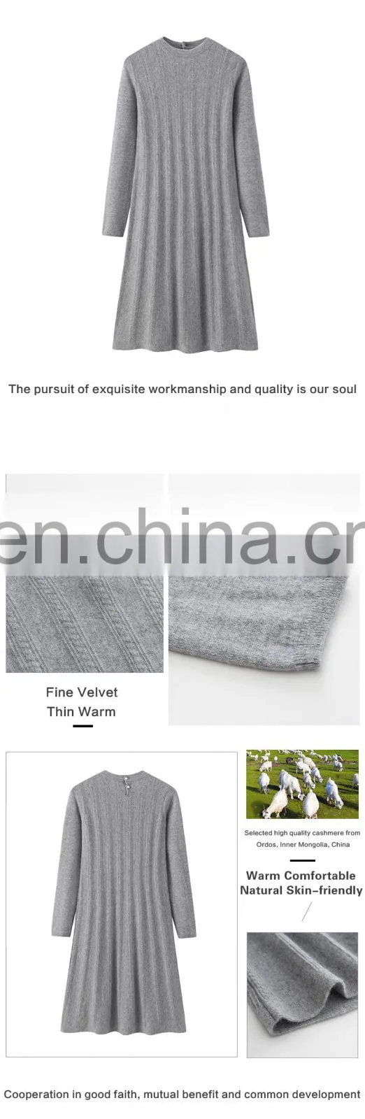 High Quality Pure Cashmere Crew Neck Dress for Ladies Winter Autumn Casual Style