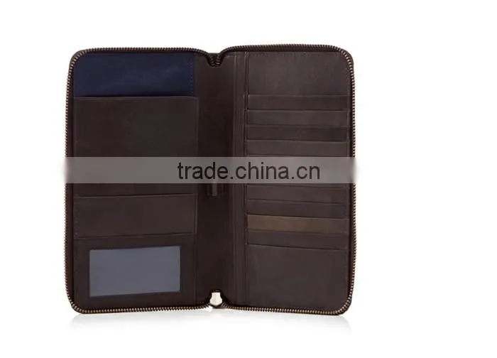 Zipper pure cow leather passport holder with ID window Multiple card slot passport holder