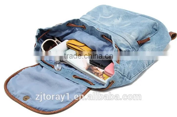 Light Blue waxed canvas backpack with string for student