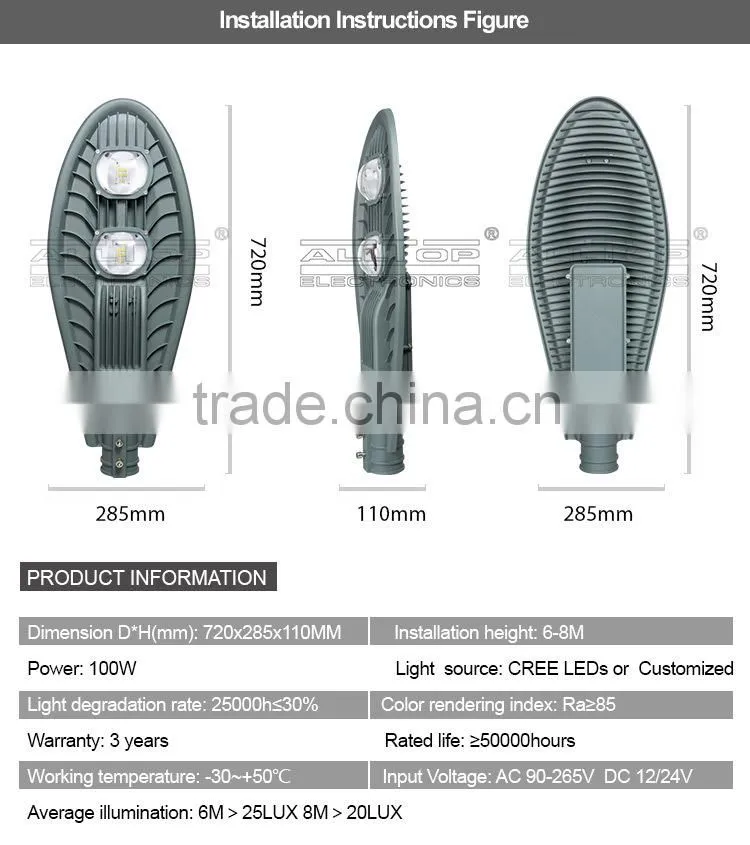 IP67 waterproof bridgelux cob 100w led cobra head street light