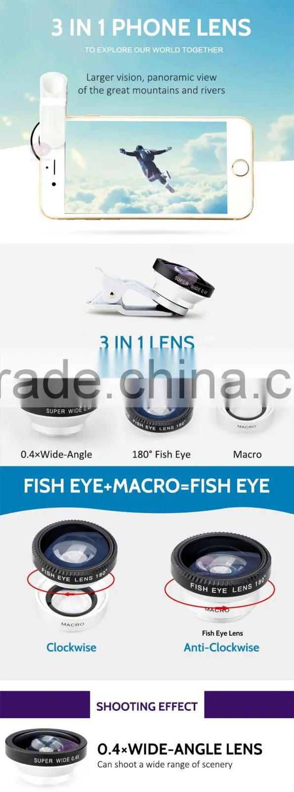Full set Cell phone Lens 3 in 1 Clip-On Fish Eye Lens 180 degree Universal For i4 4s 5 6 fisheye lens