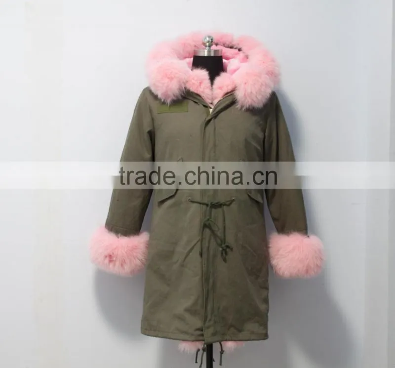 Women outwear military parka jacket with real fox fur hood trim made in China