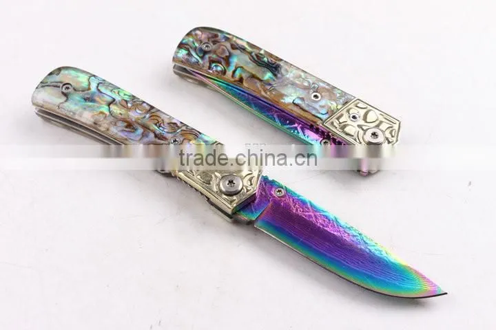 OEM Custom Hand Made Damascus steel Folding knife with Abalone