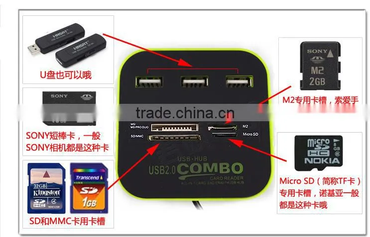 All in One Multi-card Reader with 3 Ports USB 2.0 Hub card Reader Combo usb Hub For SD/MMC/M2/MS