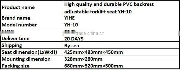 YH-10 High quality and durable PVC backrest adjustable forklift seat
