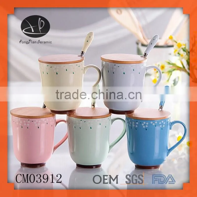 Porcelain Ceramic Type and Mugs Drinkware Type Ceramic Mug wit,Promotional full printing Porcelain mug with bamboo lid and spoon