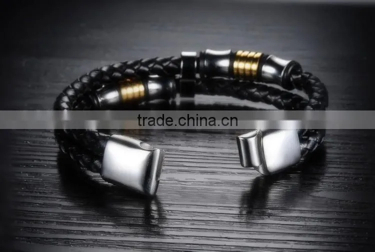 Stainless steel & leather mens bracelet , braided genuine leather bracelet men stainless steel