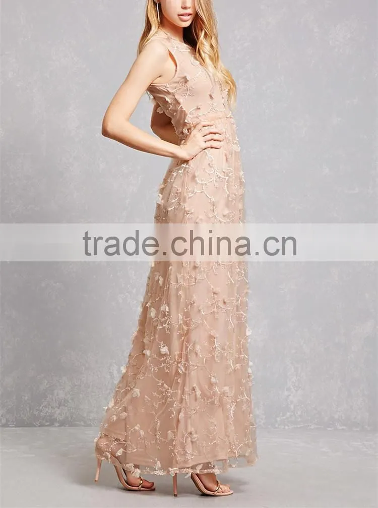 China Guangzhou clothing OEM Sleeveless Taupe Cherry Blossom Chiffon Gown