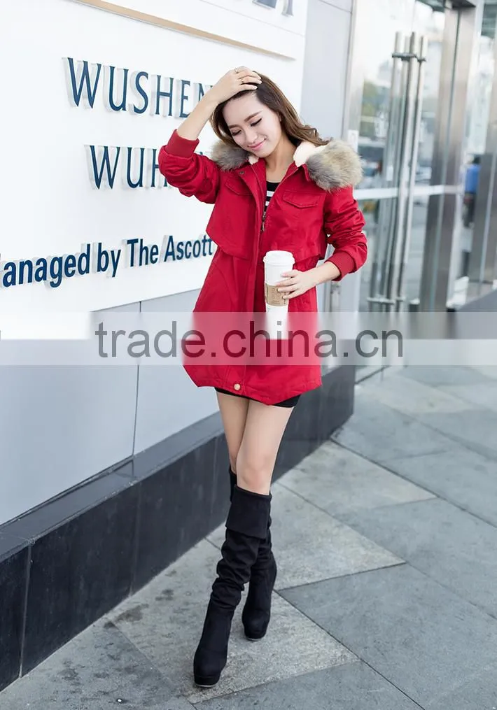 2015 New Fashion Long Waist Collect 100% Polyester Women Padded Jacket With Hoody