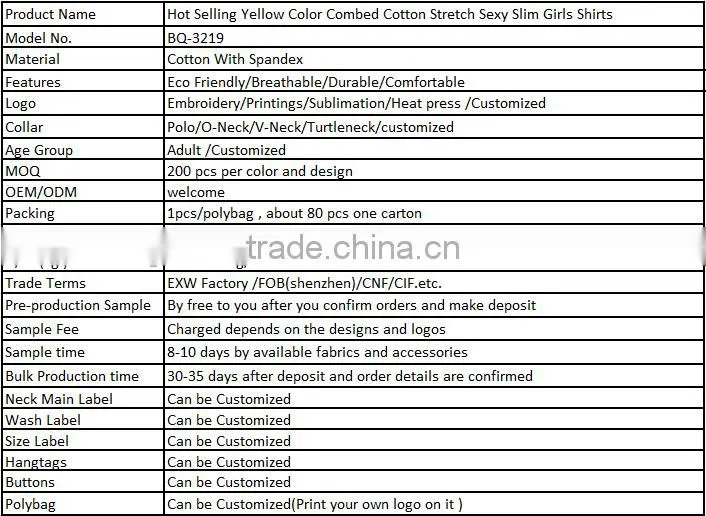 Hot Selling Yellow Color Combed Cotton Stretch Sexy Slim Girls Shirts