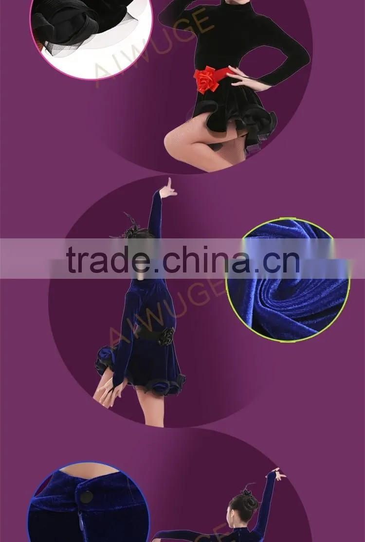 Girls Velvet Turtleneck Long Sleeve Dance Latin Dresses Children Ballroom Dance Competition Dresses