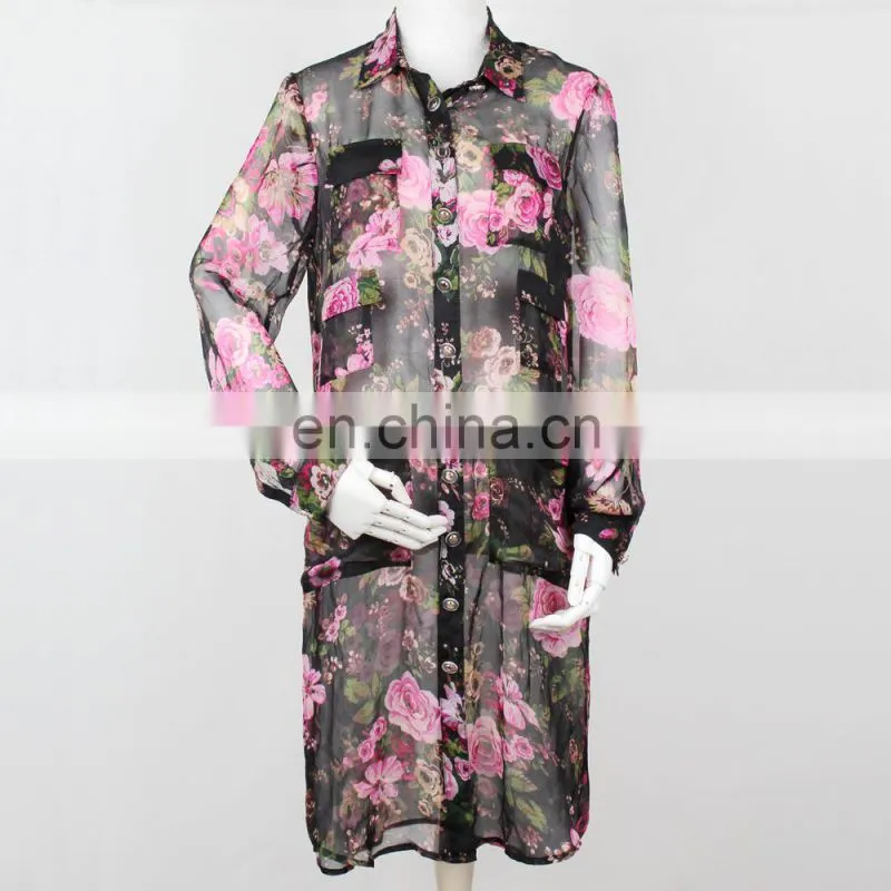 Transparent flower printing sexy lady apparel shirts 2015 woman