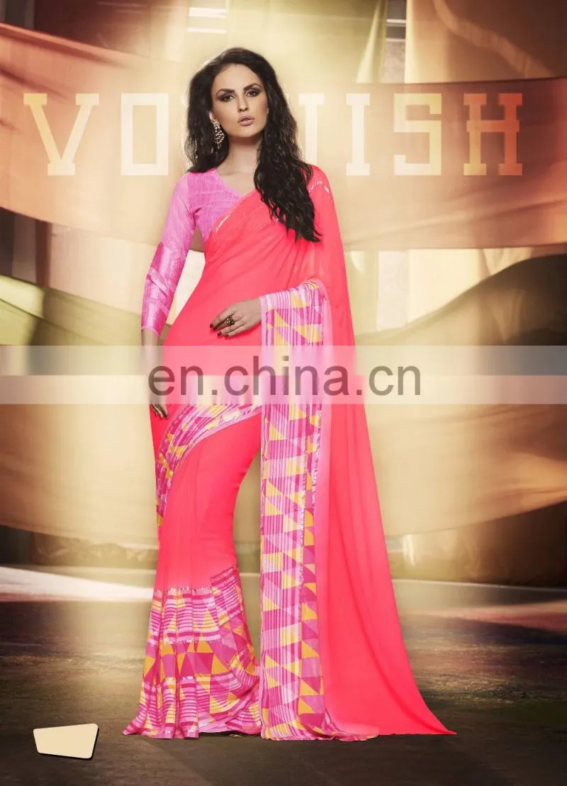 Orange Colored Georgette Satin Printed Saree