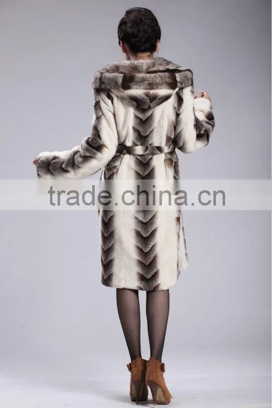 Grey mink hooded dyed rex rabbit fur coat