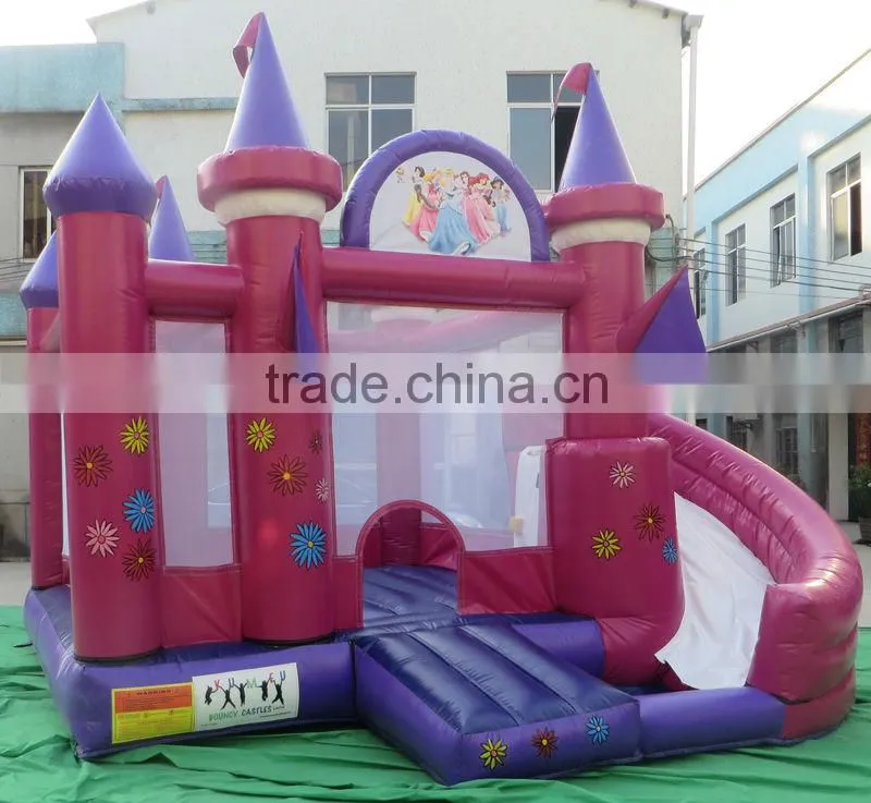 deep pink princess inflatable combo, jumper castle and slide for kids
