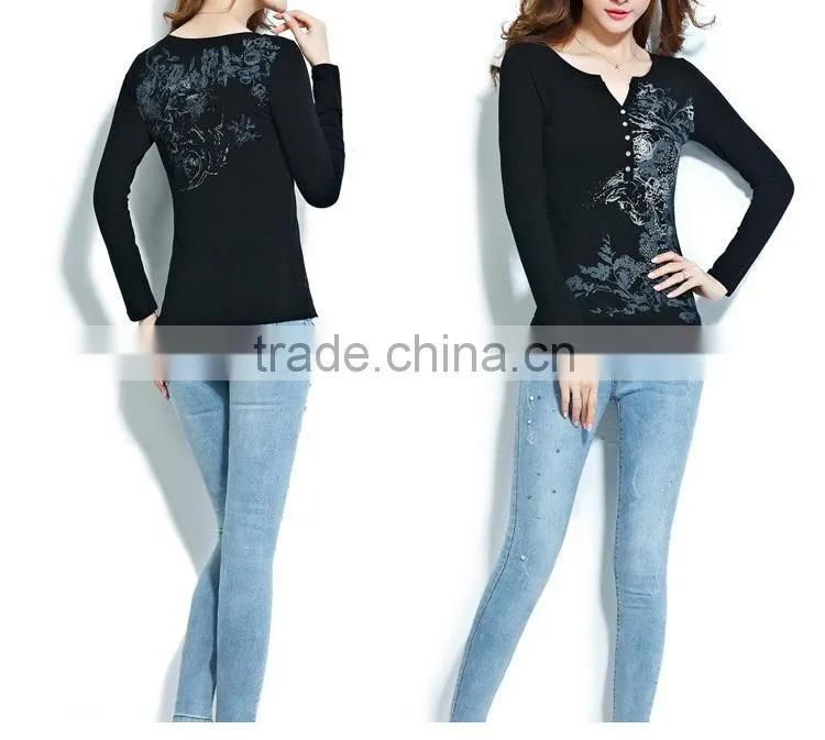 Long-sleeved show thin funnel collar T-shirt of women v neck t shirt