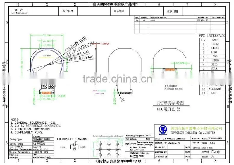 1.22inch tft replacement tft screen lcd display TF12210A for mobile phone products