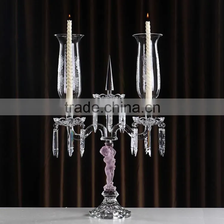2 arms k9 crystal pink engraved base candle holder