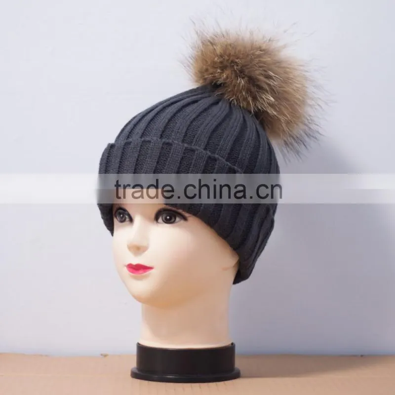 KH1214 Knitted full raccoon fur pompom wool hat