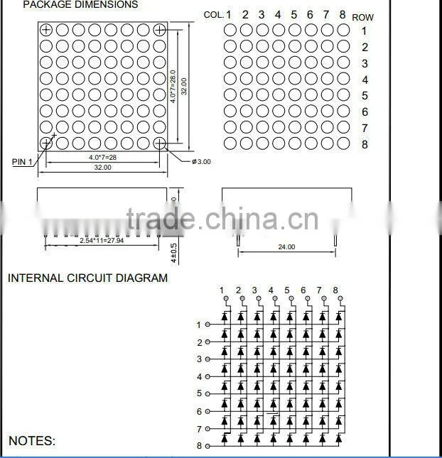 3.0mm red color dot matrix with 1.6-2.4V and 20-30mcd